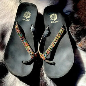 Yellow box flip flops size 7 1/2 multi colored stones